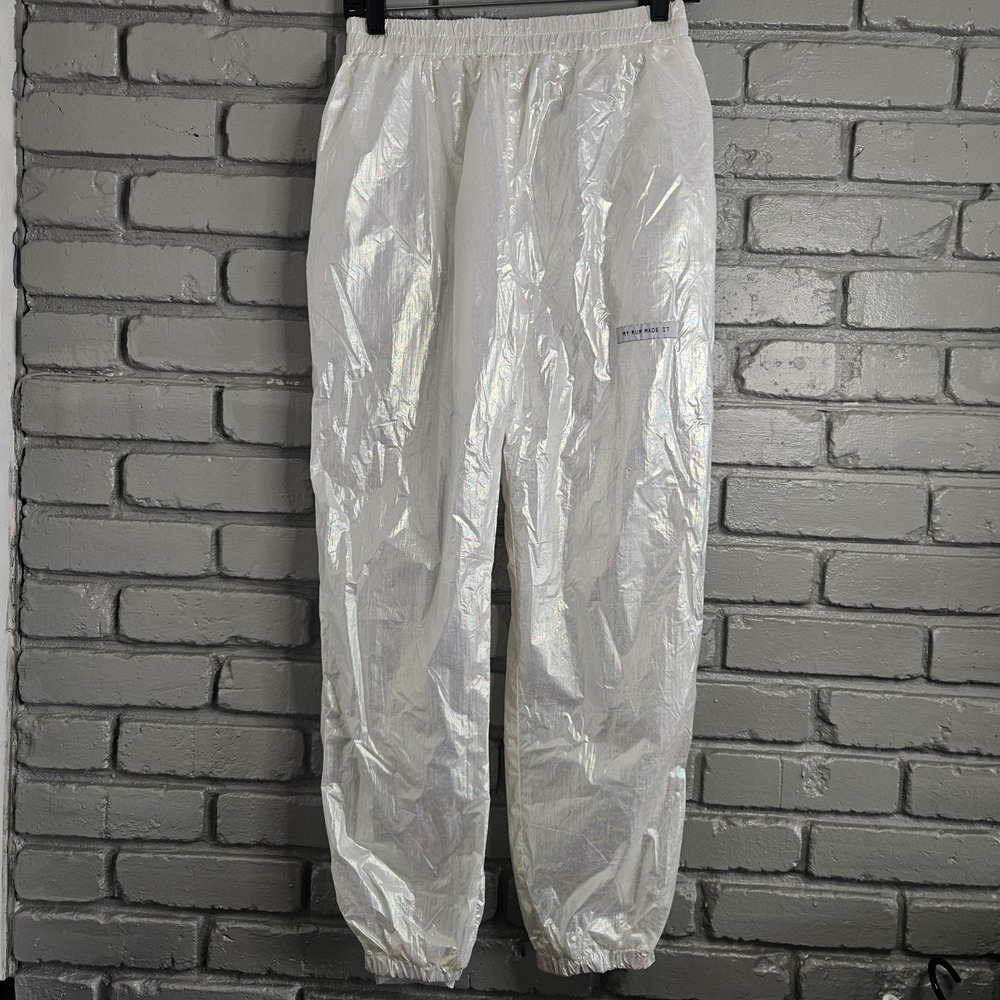 My Mum Made It Womens Pants Medium White Iridescent Windbreaker Track Joggers